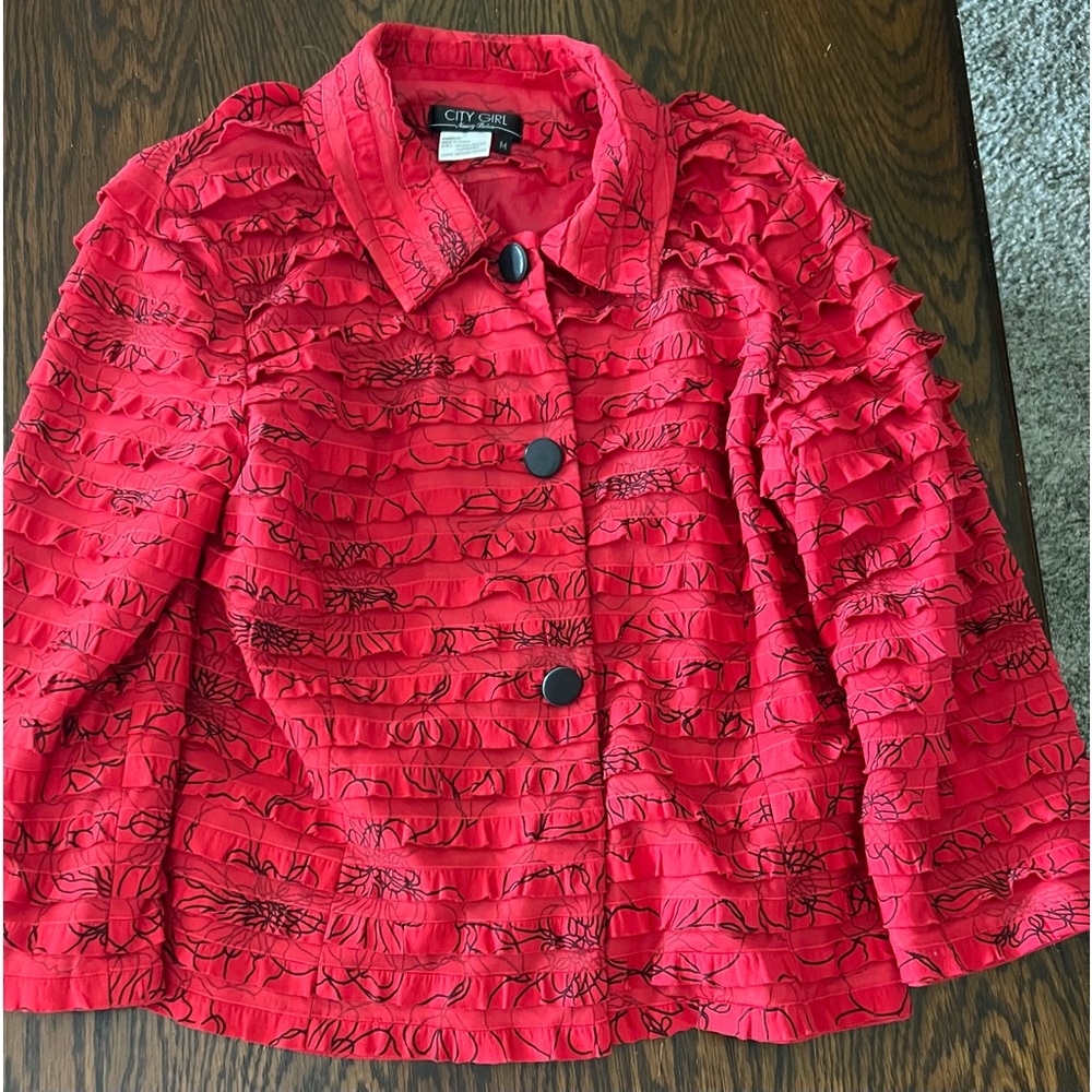Nancy Bolen City Girl Red black Ladies Size M Jacket floral buttons🌸 dress up
